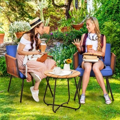 Tangkula 3 Pieces Outdoor Conversation Set with Blue Padded Cushions 2 Tangkula 3 Pieces Outdoor Conversation Set with Blue Padded Cushions - Image 2