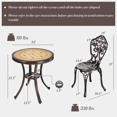 Tangkula 3-Piece Cast Aluminum Bistro Set Outdoor Patio Bistro Table Set Outdoor Round Bistro Table And Chairs For Porch 8 Tangkula 3-Piece Cast Aluminum Bistro Set Outdoor Patio Bistro Table Set Outdoor Round Bistro Table And Chairs For Porch - Image 8