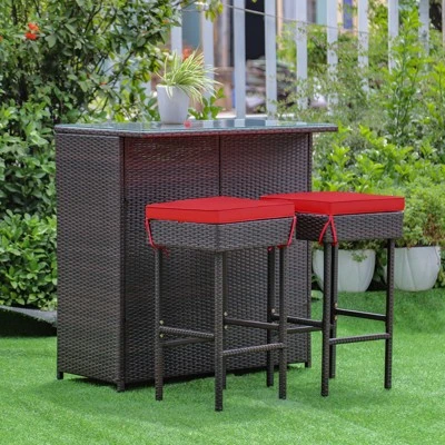Tangkula 3PCS Patio Wicker Rattan Bar Set Table W/2 Cushioned Stools 1 Tangkula 3PCS Patio Wicker Rattan Bar Set Table W/2 Cushioned Stools