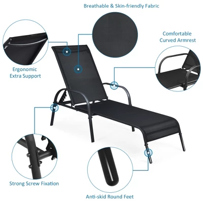 Tangkula 2PCS Adjustable Chaise Lounge Chair Recliner Patio Yard Outdoor W/ Armrest Black 5 Tangkula 2PCS Adjustable Chaise Lounge Chair Recliner Patio Yard Outdoor W/ Armrest Black - Image 5