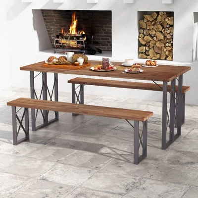 Tangkula 59" Outdoor Acacia Wood Benches Set Of 2 For 2-3 Person W/ Metal Support 1 Tangkula 59" Outdoor Acacia Wood Benches Set Of 2 For 2-3 Person W/ Metal Support