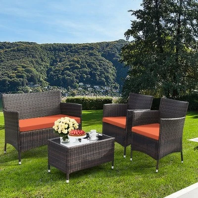 Tangkula 4-Piece Patio Rattan Furniture Set with Orange Cushions 1 Tangkula 4-Piece Patio Rattan Furniture Set with Orange Cushions