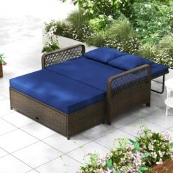 Tangkula Patio Adjustable Wicker Daybed Rattan Loveseat & Storage Ottoman W/ 4-Level Backrest & Soft Cushions Space-Saving 2-Person For Backyard Navy