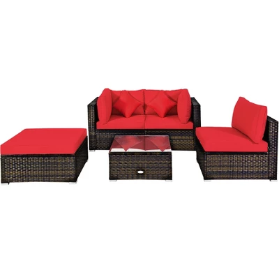 Tangkula 5-Piece Rattan Sectional Sofa Set: Modular Outdoor Patio Furniture with Red Cushions 8 Tangkula 5-Piece Rattan Sectional Sofa Set: Modular Outdoor Patio Furniture with Red Cushions - Image 8