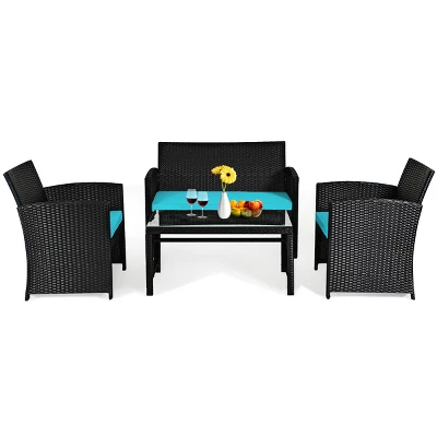 Tangkula 4 Piece Outdoor Patio Rattan Furniture Set Turquoise Cushioned Seat For Garden, Porch, Lawn 5 Tangkula 4 Piece Outdoor Patio Rattan Furniture Set Turquoise Cushioned Seat For Garden, Porch, Lawn - Image 5