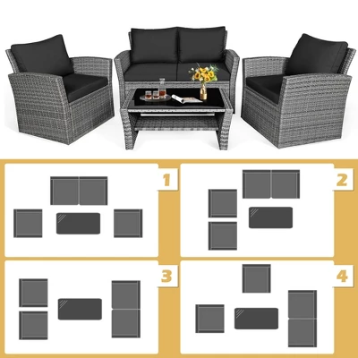 Tangkula 4-Piece Patio Rattan Conversation Set with Black Cushions & Coffee Table 5 Tangkula 4-Piece Patio Rattan Conversation Set with Black Cushions & Coffee Table - Image 5