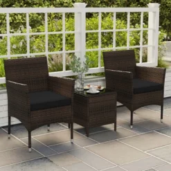Tangkula 3 PCS Outdoor Conversation Set W/ Cushioned Seat & Tempered Glass Tabletop