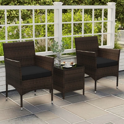 Tangkula 3 PCS Outdoor Conversation Set W/ Cushioned Seat & Tempered Glass Tabletop 1 Tangkula 3 PCS Outdoor Conversation Set W/ Cushioned Seat & Tempered Glass Tabletop