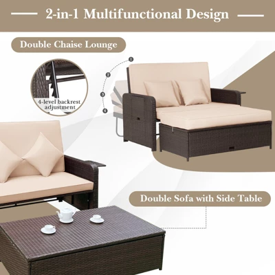 Tangkula Patio Rattan Wicker Daybed With Loveseat & Storage Ottoman Outdoor Lounge Sofa Furniture Set With Adjustable Backrest & Side Trays Beige 2 Tangkula Patio Rattan Wicker Daybed With Loveseat & Storage Ottoman Outdoor Lounge Sofa Furniture Set With Adjustable Backrest & Side Trays Beige - Image 2