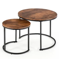 Tangkula 2PCS Stacking Metal Legs Modern Side Round Nesting Coffee Table W/ Wooden Tabletop For Living Room Rustic Brown/Brown 15 Tangkula 2PCS Stacking Metal Legs Modern Side Round Nesting Coffee Table W/ Wooden Tabletop For Living Room Rustic Brown/Brown -Tangkula Shop GUEST 5f048030 cf68 45cf 80fc 3f89aaaaddcf