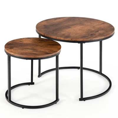 Tangkula 2PCS Stacking Metal Legs Modern Side Round Nesting Coffee Table W/ Wooden Tabletop For Living Room Rustic Brown/Brown 8 Tangkula 2PCS Stacking Metal Legs Modern Side Round Nesting Coffee Table W/ Wooden Tabletop For Living Room Rustic Brown/Brown - Image 8
