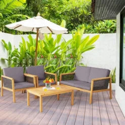 Tangkula 4PCS Patio Acacia Wood Furniture Set PE Rattan Conversation Set W/ Grey Cushions 16 Tangkula 4PCS Patio Acacia Wood Furniture Set PE Rattan Conversation Set W/ Grey Cushions -Tangkula Shop GUEST 5f067b04 fff1 458b acf8 471fb0c43dcf