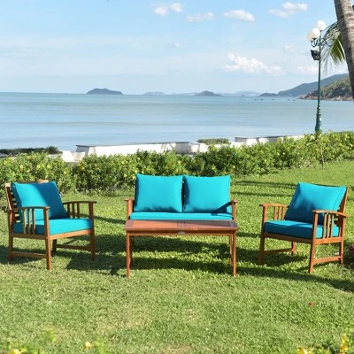 Tangkula 4pcs Wooden Patio Furniture Set Table & Sectional Sofa W/ Turquoise Cushion 2 Tangkula 4pcs Wooden Patio Furniture Set Table & Sectional Sofa W/ Turquoise Cushion - Image 2