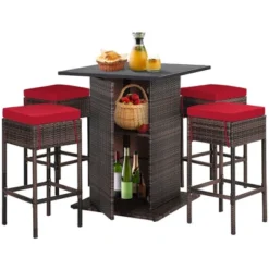 Tangkula Tangkula 5PCS Patio Bar Set Rattan Bar Furniture Set W/ Table & 4 Cushioned Stools Red -Tangkula Shop GUEST 5f2b6452 d3a2 476f 8750 32451c29b668
