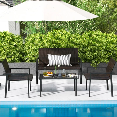 Tangkula 4-Piece Outdoor Patio Furniture Set with Heavy-Duty Wicker Chairs and Coffee Table 1 Tangkula 4-Piece Outdoor Patio Furniture Set with Heavy-Duty Wicker Chairs and Coffee Table