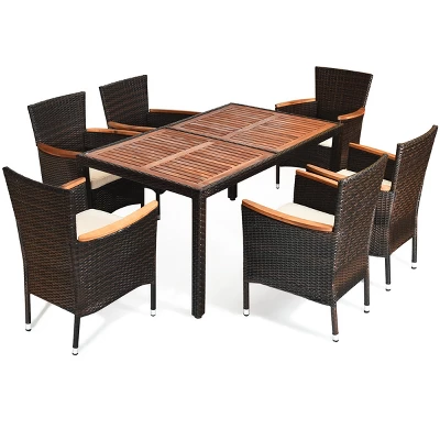 Tangkula 7-Piece Outdoor Rattan Dining Set - Acacia Wood Table & 6 Stackable Chairs 10 Tangkula 7-Piece Outdoor Rattan Dining Set - Acacia Wood Table & 6 Stackable Chairs - Image 10