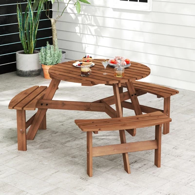 Tangkula 6-Person Round Picnic Table Set W/ 3 Built-in Benches 2" Umbrella Hole 1 Tangkula 6-Person Round Picnic Table Set W/ 3 Built-in Benches 2" Umbrella Hole