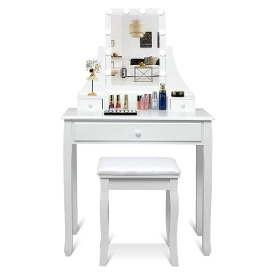 Tangkula Make-Up Vanity Table Dresser Set W/LED Light & Padded Stool 7 Tangkula Make-Up Vanity Table Dresser Set W/LED Light & Padded Stool - Image 7