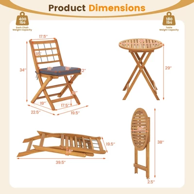Tangkula 3 Piece Patio Wood Bistro Set Folding Table Chair Set W/Soft Seat Cushions Acacia Wood Frame High-Back Portable Chairs 8 Tangkula 3 Piece Patio Wood Bistro Set Folding Table Chair Set W/Soft Seat Cushions Acacia Wood Frame High-Back Portable Chairs - Image 8