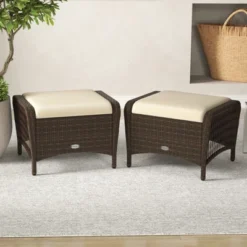 Tangkula 2-Piece Outdoor Patio Wicker Ottomans with Removable Cushions