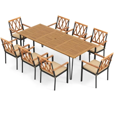 Tangkula 9-Piece Outdoor Dining Set: Acacia Wood Table with 8 Cushioned Chairs 7 Tangkula 9-Piece Outdoor Dining Set: Acacia Wood Table with 8 Cushioned Chairs - Image 7