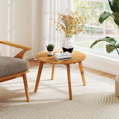 Tangkula 2PCS Outdoor Acacia Wood Side Table Patio 24.5" Round End Table W/ Slatted Tabletop 2 Tangkula 2PCS Outdoor Acacia Wood Side Table Patio 24.5" Round End Table W/ Slatted Tabletop - Image 2