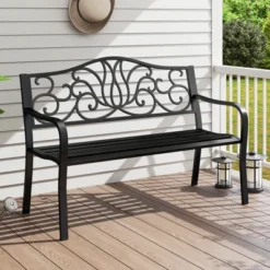 Tangkula 2-person Metal Bench W/ Floral Pattern Slanted Backrest Slatted Surface Black