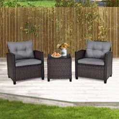 Tangkula Set Of 3 Rattan Furniture Set Patio Cushioned Conversation Set Sofa