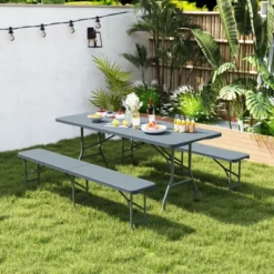 Tangkula 3 PCS Folding Picnic Table Set W/ 6 Ft Table & 2 Benches HDPE Tabletop Bench Top Gray