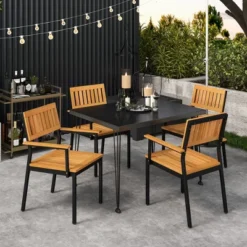 Tangkula Patio Dining Chair Set Of 4 Outdoor Chairs W/Metal And Acacia Wood Frame Armrests All-Weather Bistro Chairs