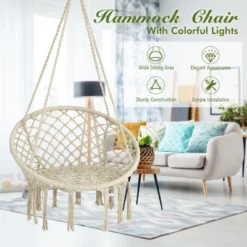 Tangkula Hammock Chair Macrame Swing, Patio Hanging Hammock Chair W/ LED Lights, Hanging Cotton Rope Hammock Swing Chair -Tangkula Shop GUEST 633d6d8a 563d 493c 9e4c b3506bc6977c