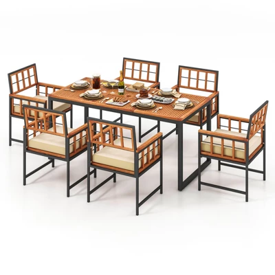 Tangkula 7-Piece Outdoor Dining Set with Acacia Wood Table and 6 Cushioned Armchairs 3 Tangkula 7-Piece Outdoor Dining Set with Acacia Wood Table and 6 Cushioned Armchairs - Image 3