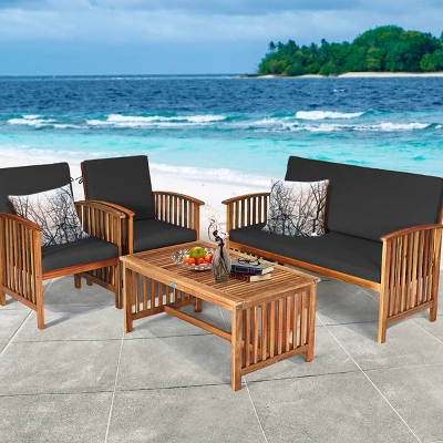 Tangkula 4PCS Patio Acacia Wood Sofa Set Conversation Couch Coffee Table With Cushions 7 Tangkula 4PCS Patio Acacia Wood Sofa Set Conversation Couch Coffee Table With Cushions - Image 7