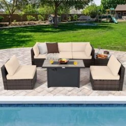 Tangkula 7PCS Patio Rattan Furniture Set Fire Pit Table Cover Cushion Beige