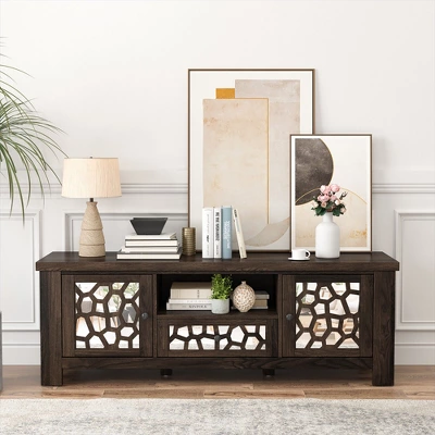 Tangkula 55" Retro TV Stand Media Entertainment Center W/ Mirror Doors & Drawer Brown 9 Tangkula 55" Retro TV Stand Media Entertainment Center W/ Mirror Doors & Drawer Brown - Image 9