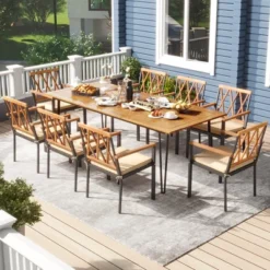 Tangkula 9-Piece Outdoor Dining Set: Acacia Wood Table with 8 Cushioned Chairs