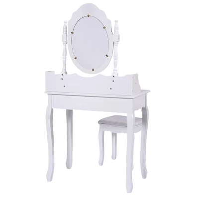 Tangkula White Vanity Mirror Wood Makeup Dressing Table Stool Set White (Mirror, 3 Drawers, Stool) 2 Tangkula White Vanity Mirror Wood Makeup Dressing Table Stool Set White (Mirror, 3 Drawers, Stool) - Image 2