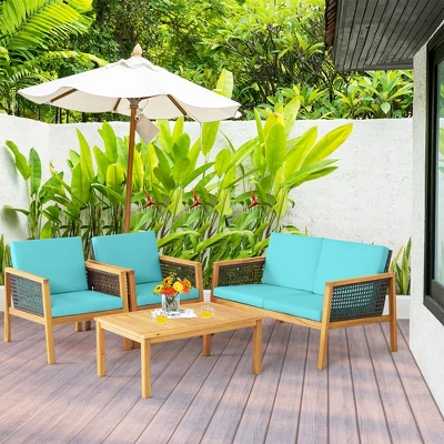 Tangkula 4PCS Patio Acacia Wood Furniture Set PE Rattan Conversation Set W/ Turquoise Cushions 1 Tangkula 4PCS Patio Acacia Wood Furniture Set PE Rattan Conversation Set W/ Turquoise Cushions