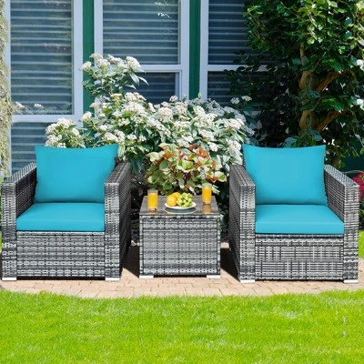 Tangkula 3PCS Rattan Patio Conversation Furniture Set Outdoor Yard W/ Turquoise Cushion 3 Tangkula 3PCS Rattan Patio Conversation Furniture Set Outdoor Yard W/ Turquoise Cushion - Image 3