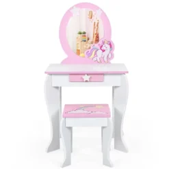 Tangkula 2-in-1 Kids Vanity Set Makeup Table & Chair Set For Toddlers W/Detachable Mirror Pink/White -Tangkula Shop GUEST 65e789f0 b0f8 4e4d acff 68558106e1b5