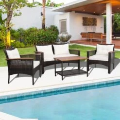 Tangkula 4PCS Rattan Patio Furniture Set Acacia Wood Outdoor Conversation Set W/ Cushions -Tangkula Shop GUEST 65f28a07 414d 4b8a b448 b40e8b9de692