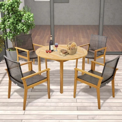 Tangkula 5 PCS Patio Dining Set Round Acacia Wood Table 4 Wicker Armchairs Outdoor Garden 1 Tangkula 5 PCS Patio Dining Set Round Acacia Wood Table 4 Wicker Armchairs Outdoor Garden