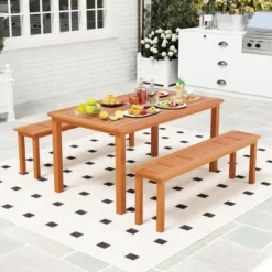 Tangkula Set Of 3 Patio Dining Set Solid Wood Dining Table W/2 Benches 2" Umbrella Hole -Tangkula Shop GUEST 66e27c3e 94ba 45cf a947 f164f6571f4f