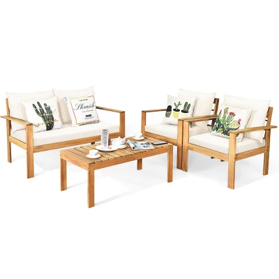Tangkula 4PCS Patio Acacia Wood Conversation Furniture Set W/ Off White Cushions 4 Tangkula 4PCS Patio Acacia Wood Conversation Furniture Set W/ Off White Cushions - Image 4