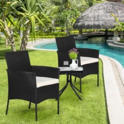 Tangkula Outdoor 2 PCS Rattan Dining Chair Patio Cushioned Arm Chair W/Zipper Black
