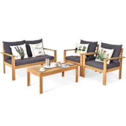 Tangkula 4-Piece Outdoor Acacia Wood Conversation Set with Plush Grey Cushions