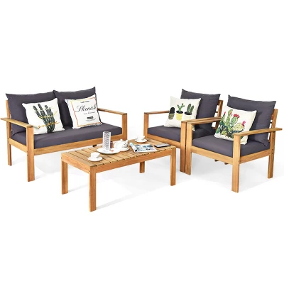 Tangkula 4-Piece Outdoor Acacia Wood Conversation Set with Plush Grey Cushions 1 Tangkula 4-Piece Outdoor Acacia Wood Conversation Set with Plush Grey Cushions