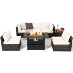 Tangkula 7PCS Patio Rattan Furniture Set 42" Fire Pit Table W/ Cover Cushioned -Tangkula Shop GUEST 679eed14 de7f 4c18 9bd8 338c45e9c1a3