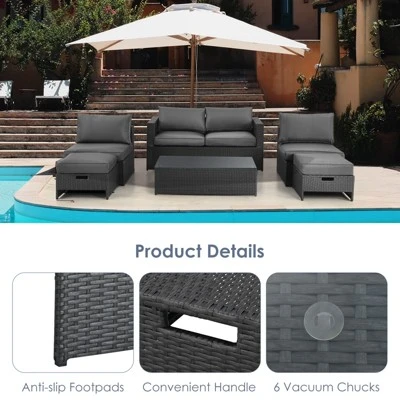 Tangkula 6PCS Patio Rattan Furniture Set Outdoor All Weather Wicker Conversation Set W/Cushioned Ottoman & Coffee Table 2 Tangkula 6PCS Patio Rattan Furniture Set Outdoor All Weather Wicker Conversation Set W/Cushioned Ottoman & Coffee Table - Image 2