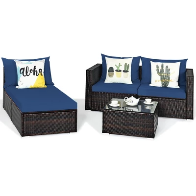 Tangkula 5PCS Cushioned Rattan Patio Conversation Set W/ Ottoman Navy Cushion 5 Tangkula 5PCS Cushioned Rattan Patio Conversation Set W/ Ottoman Navy Cushion - Image 5